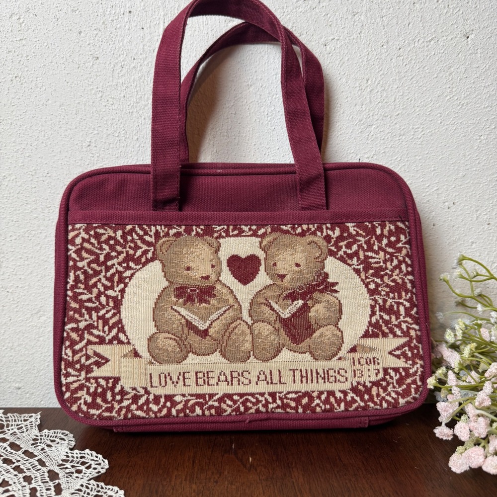Vintage Teddy Bear Tapestry Toiletry Cosmetic Bag Cottagecore Grandmillennial